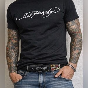 Ed Hardy Black Faux Leather Belt with Floral Print and Silver Studs